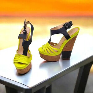 Enzo Angiolini T Strap Platform Wedge Sandals - Gigio Yellow Neon Cork sz 6